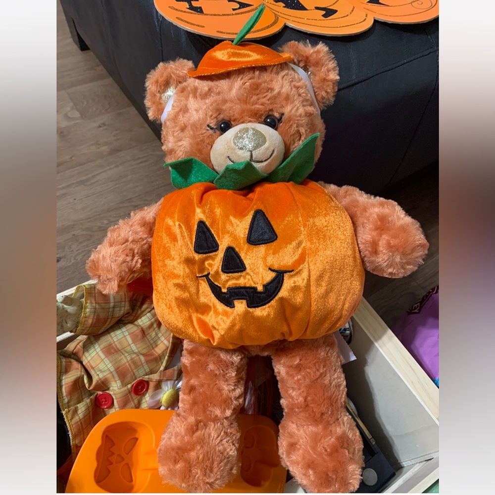 Build A Bear PUMPKIN Costume 16" Plush Fall Orange & Gold Glitter Plush Bear